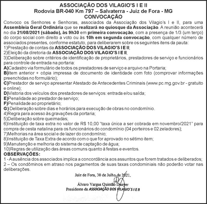 Associação dos Vilagios's I e II - Convocação 4 1 VILAGIOS