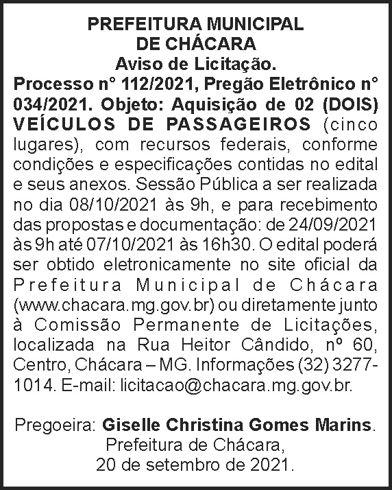 Aviso de Licitação - Chácara 4 1 CHACARA 112