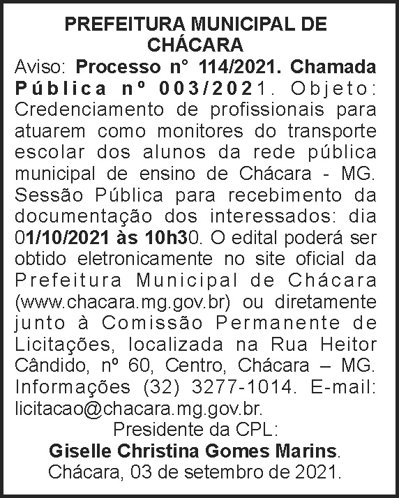 Chamada Pública - Prefeitura de Chácara 4 1 CHACARA 114