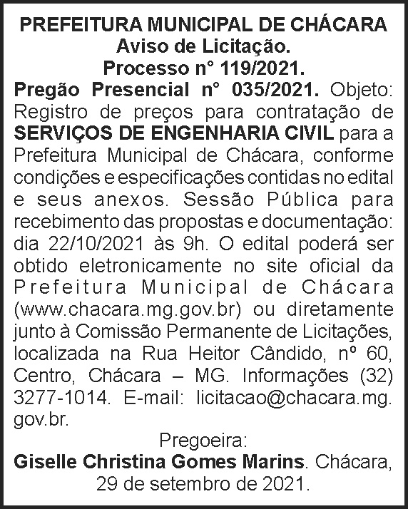Aviso de licitação - Chácara 4 1 CHACARA 119