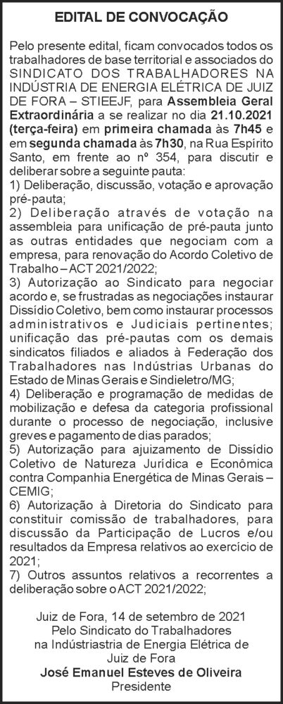 Edital de Convocação - STIEEJF 4 1 ENERGIA