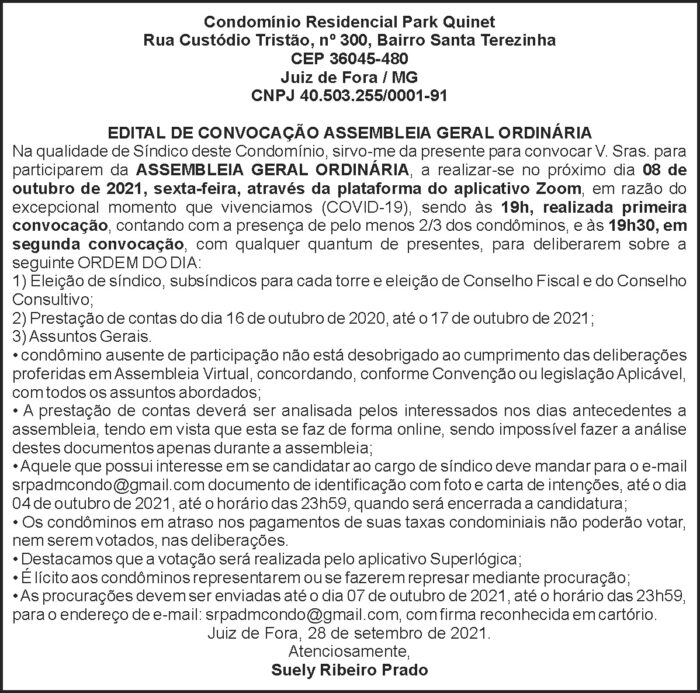 Edital Assembléia Geral - Park Quinet 4 1 QUINET