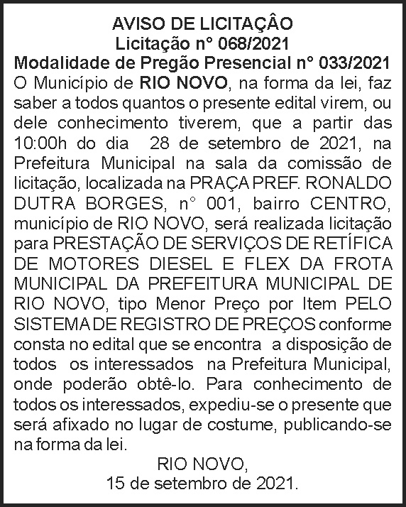 Edital - Aviso de Licitação Rio Novo 4 1 RIO NOVO 068 1