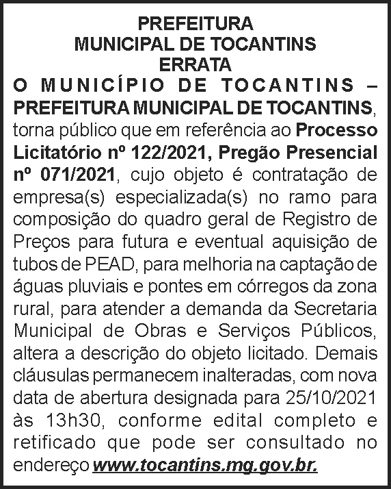 Errata - Prefeitura Municipal de Tocantins 4 1 TOCANTINS 122 1