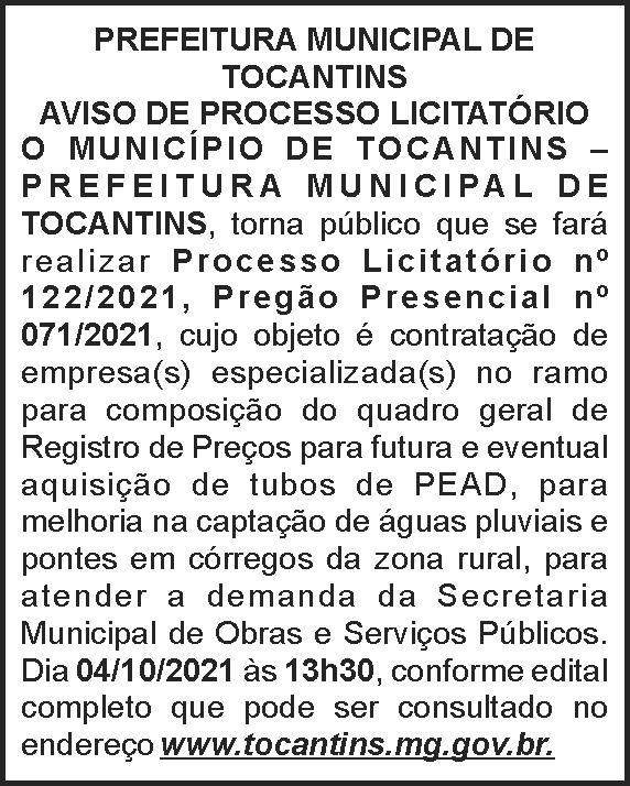 Edital - Prefeitura de Tocantins 4 1 TOCANTINS 122