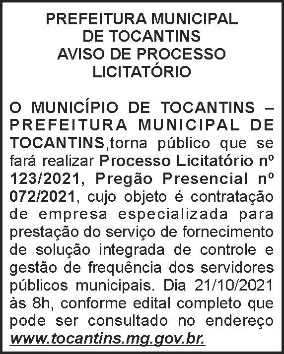 Aviso de Licitação - Tocantins 4 1 TOCANTINS 123