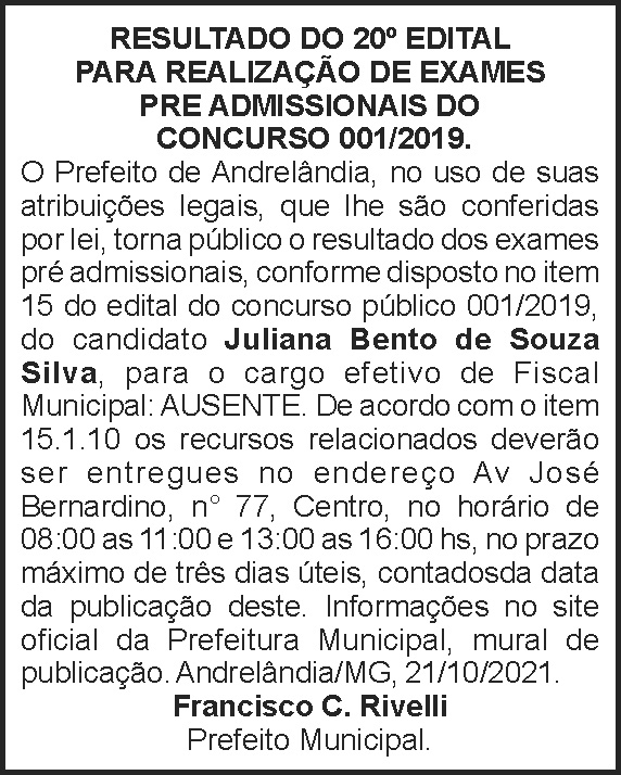 Resultado edital - Andrelândia 4 1 ANDRELANDIA 20