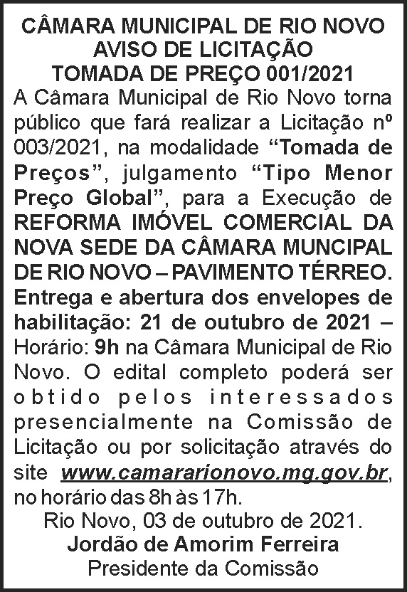 Aviso de licitação - Rio Novo 4 1 CAMARA 001