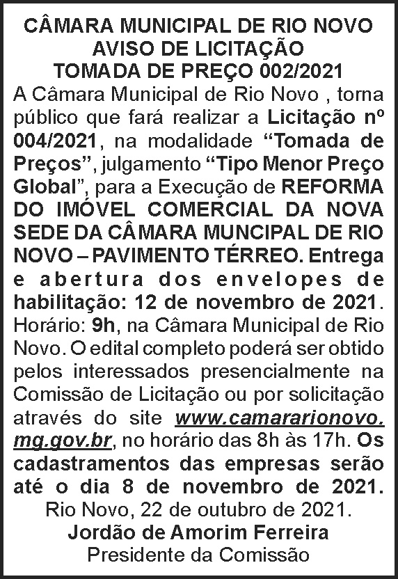 Aviso de licitação - Rio Novo 4 1 CAMARA 002