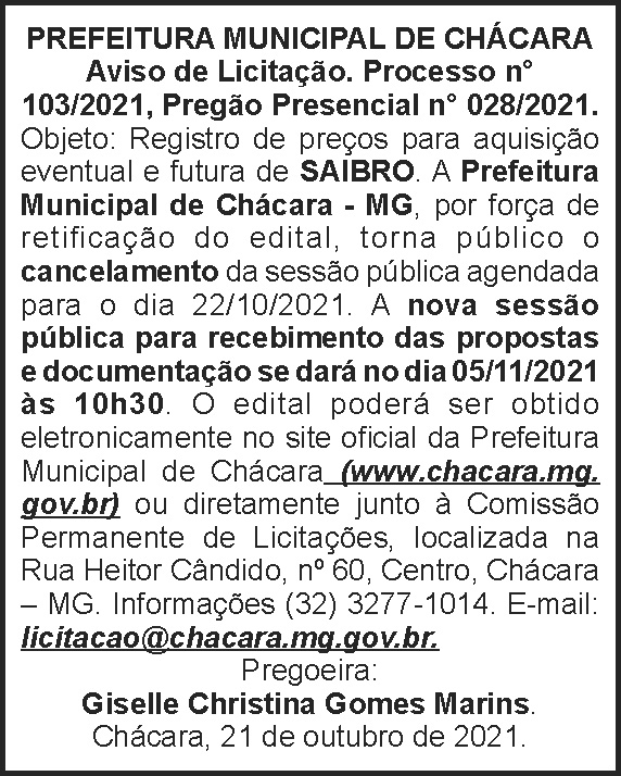 Aviso de licitação - Chácara 4 1 CHACARA 103 1