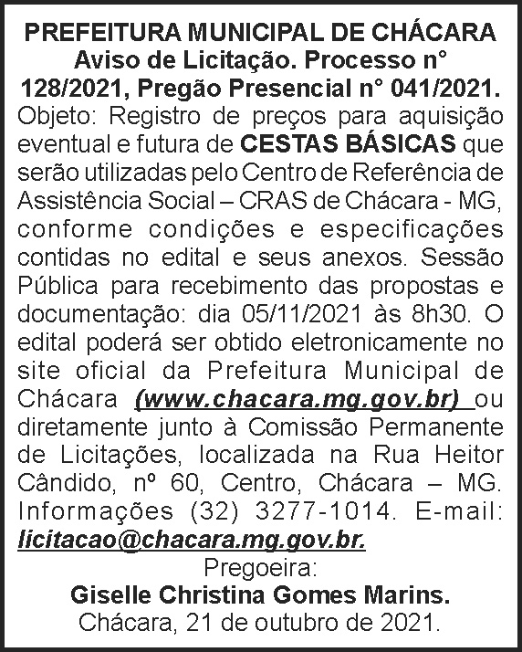 Aviso de Pregão - Chácara 4 1 CHACARA 128