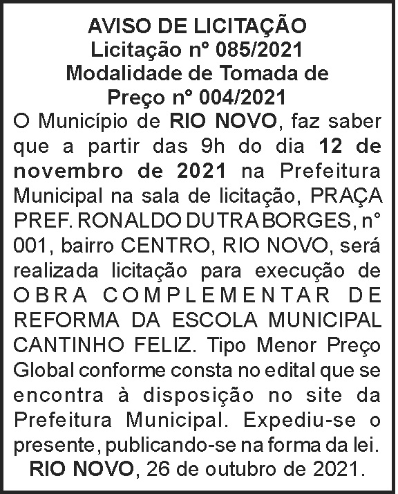 Aviso de licitação - Rio Novo 4 1 RIO NOVO 085