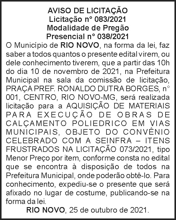 Aviso de licitação - Rio Novo 4 1 RIO NOVO