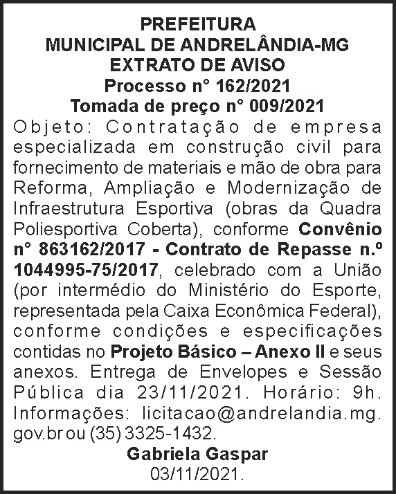 Extrato de aviso - Andrelândia 4 1 ANDRELANDIA 162