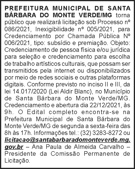 Santa Bárbara - Aviso de licitação 4 1 BARBARA 086