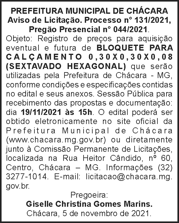 Aviso de licitação - Chácara 4 1 BLOQUETE