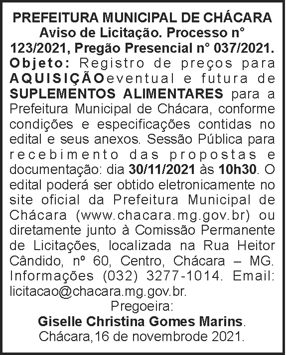 Aviso de licitação - Chácara 4 1 CHACARA 123