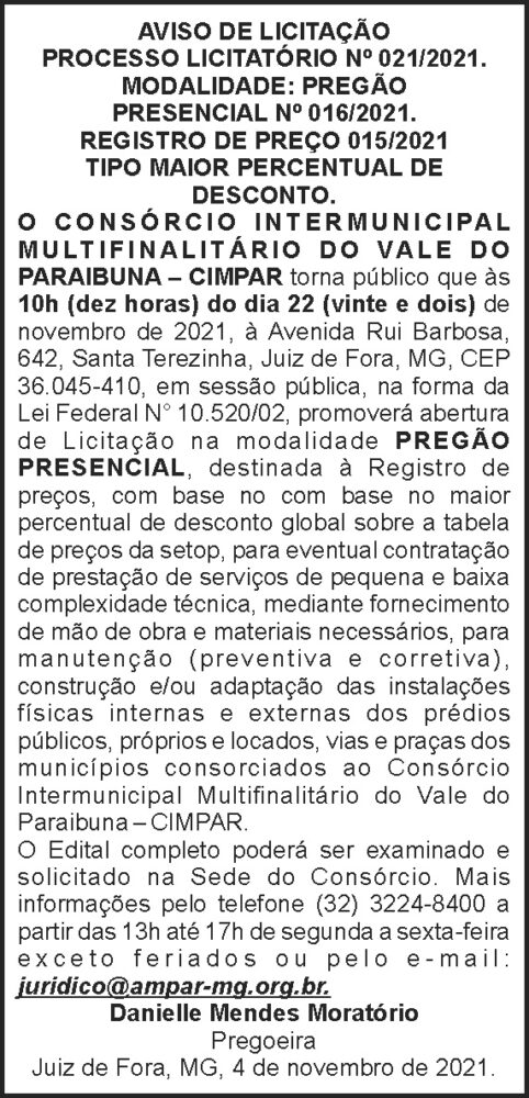 Aviso de licitação - Pregão presencial 4 1 CIMPAR 021