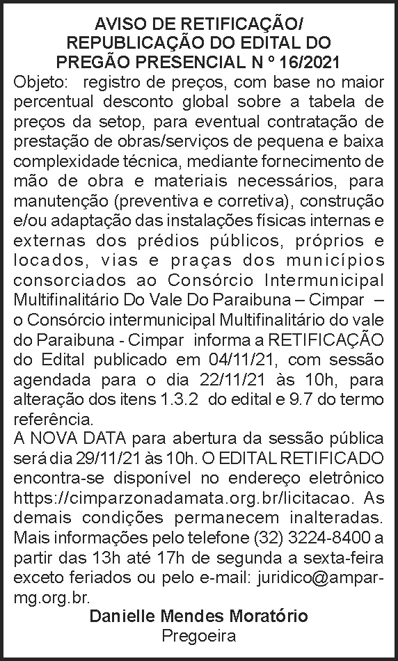 Aviso de retificação - Pregão Presencial 4 1 CIMPAR 16