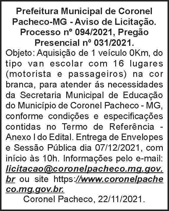 Aviso de licitação - Coronel Pacheco 4 1 CORONEL 094