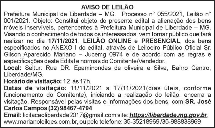 Aviso de leilão - Liberdade 4 1 LIBERDADE