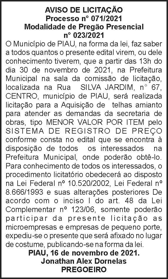 Aviso de licitação - Pregão 4 1 PIAU 071