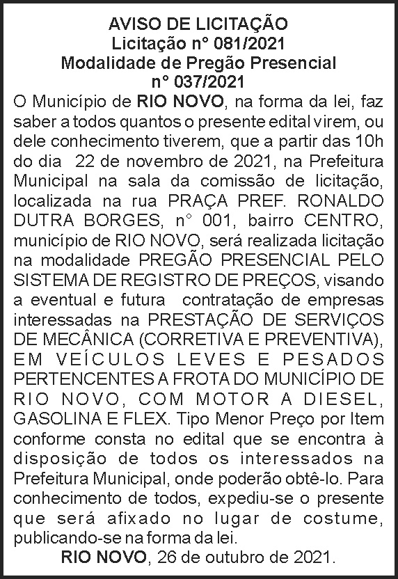 Aviso de licitação - Rio Novo 4 1 RIO NOVO 081