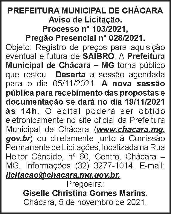 Aviso de licitação - Chácara 4 1 SAIBRO