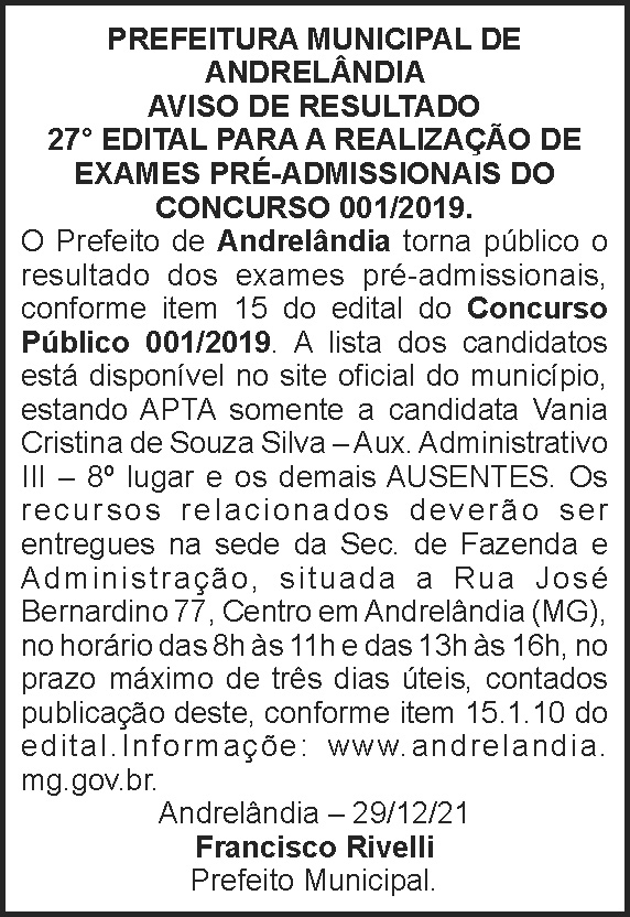 Andrelândia - Aviso de resultado 4 1 ANDRELANDIA 001