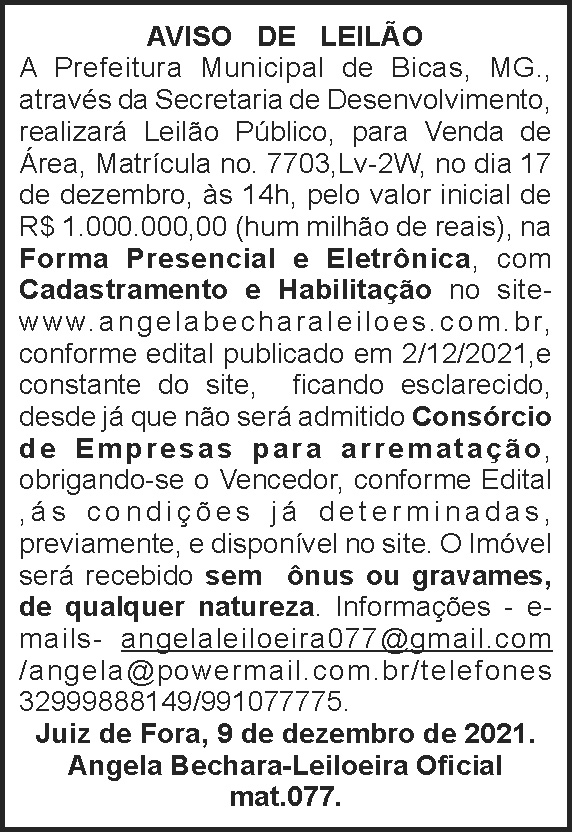 Aviso de leilão - Bicas 4 1 BICAS 1