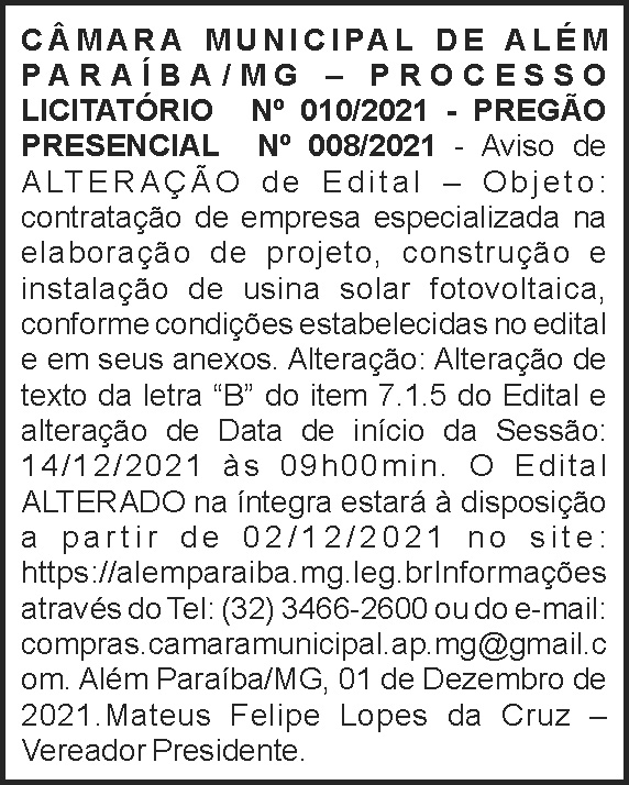 Câmara Municipal de Além Paraíba - Licitação Nº 10 4 1 CAMARA 010