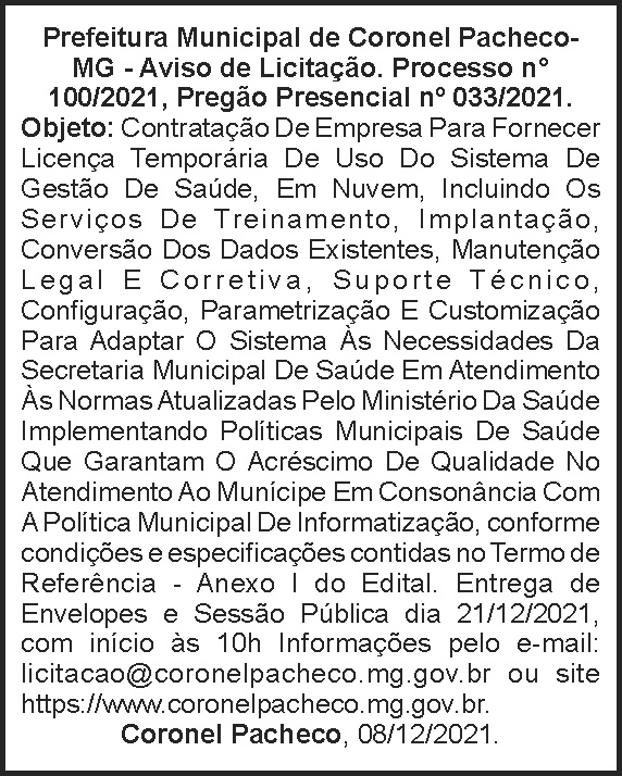 Aviso de licitação - Coronel Pacheco 4 1 CORONEL 100