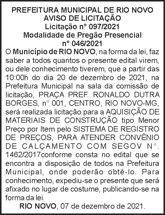 Rio Novo - Aviso de licitação 4 1 RIO NOVO 097