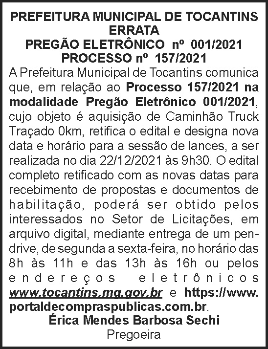Errata - Prefeitura de Tocantins 4 1 TOCANTINS 001