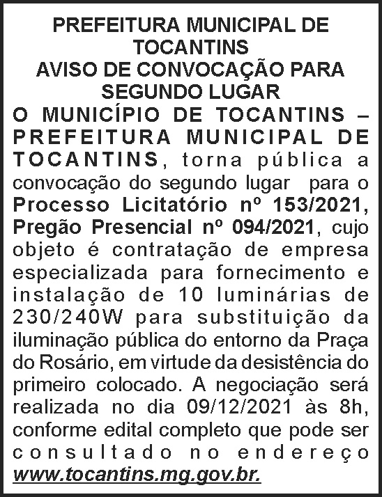 Aviso de convocação - Prefeitura de Tocantins 4 1 TOCANTINS 153