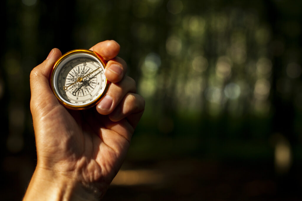 hand holds compass with blurred background