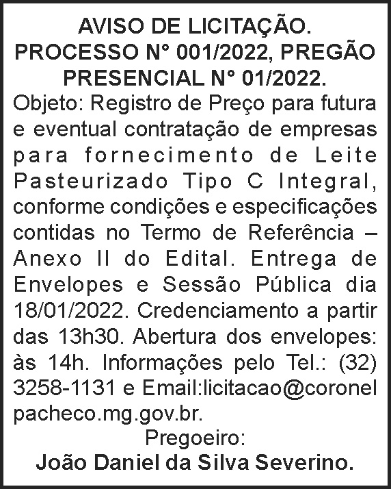 Aviso de licitação - Registro de preço 4 1 CORONEL 001