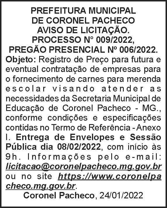 Coronel Pacheco - Aviso de licitação 09 4 1 CORONEL 006