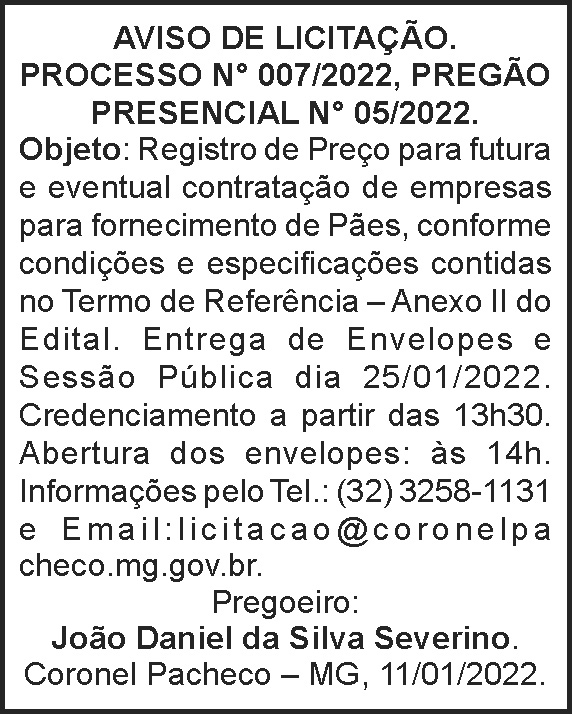 Coronel Pacheco - Pregão presencial 4 1 CORONEL PACHECO 007