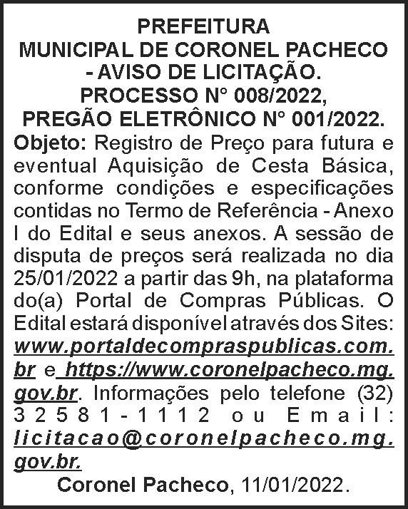 Coronel Pacheco - Aviso de licitação 4 1 CORONEL PACHECO 008