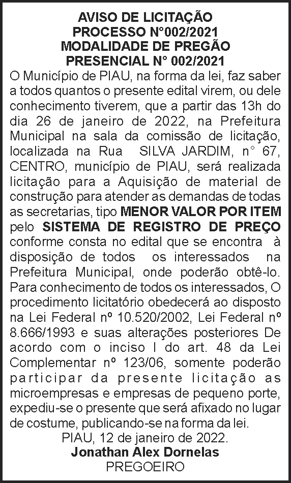 Piau - Aviso de licitação 4 1 PIAU 002