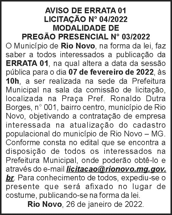 Rio Novo - Aviso de errata 01 4 1 RIO NOVO 04 1