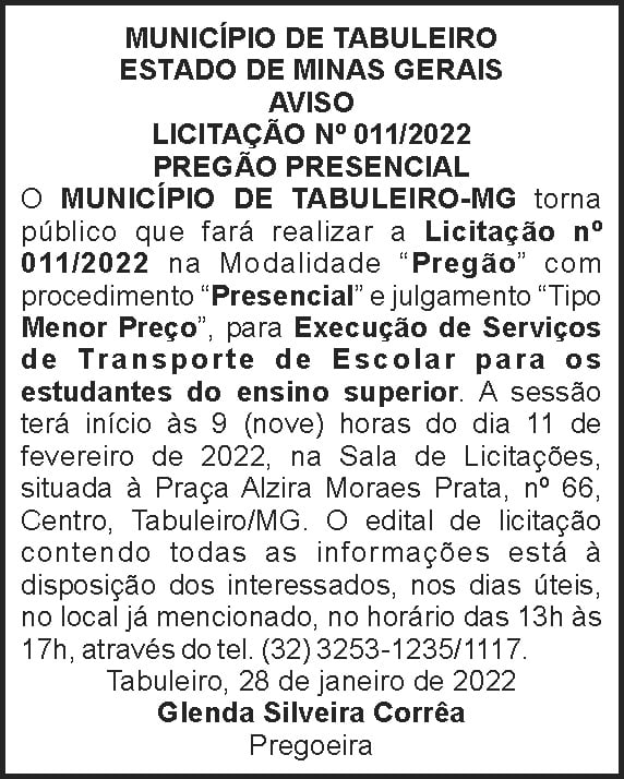 Tabuleiro - Pregão presencial 4 1 TABULEIRO 011