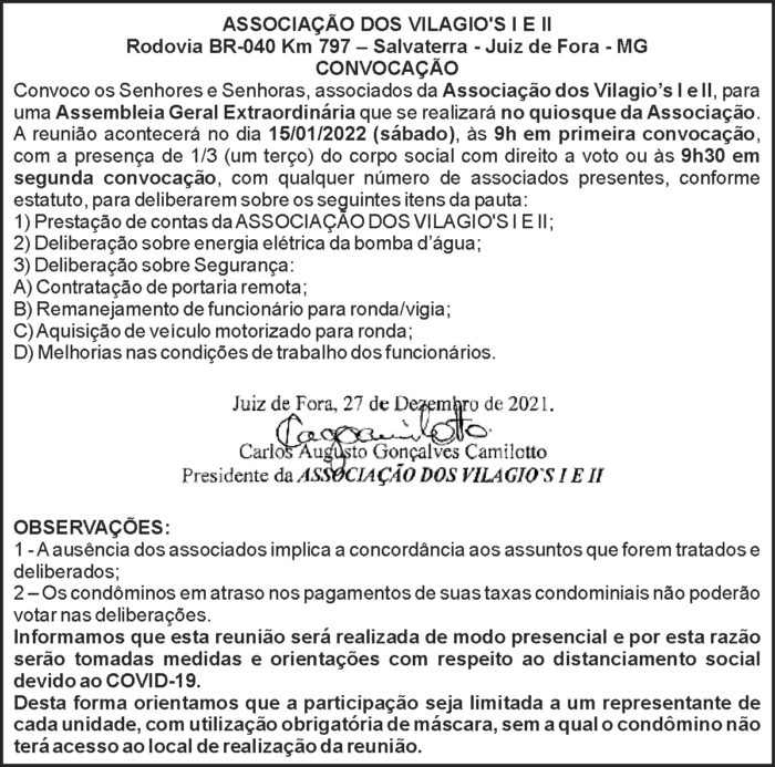 Convocação - Associação Vilagio's 4 1 VILAGIOS