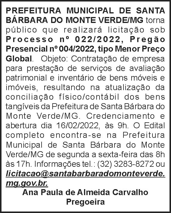 Pregão presencial - Santa Bárbara do Monte Verde 4 1 BARBARA 022
