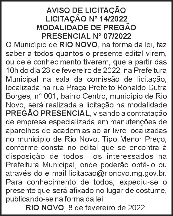 Rio Novo - Licitação Nº 14 4 1 RIO NOVO 14