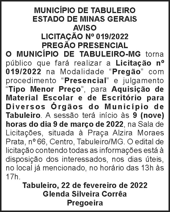 Tabuleiro Licitação Nº 19 4 1 TABULEIRO 019