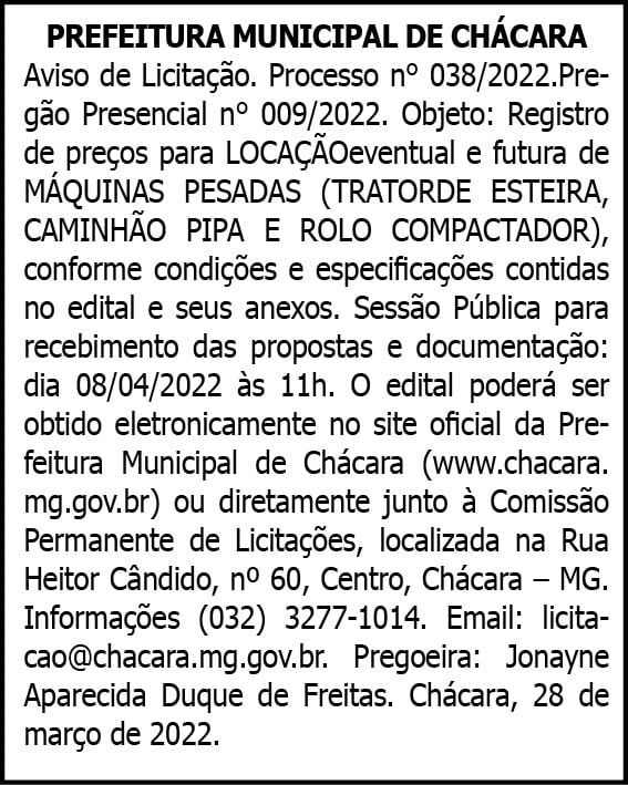 Município de Chácara- Pregão Presencial N° 009/2022 4 1 CHACARA 036