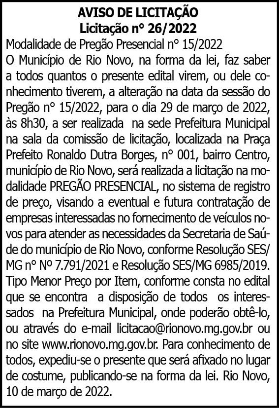Rio Novo - Licitação nº 26 4 1 RIO NOVO 026