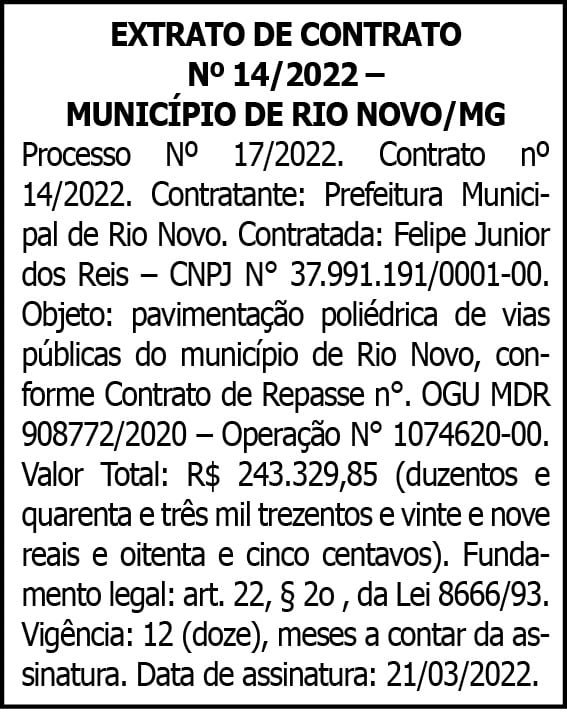 Extrato de Contrato N° 14/2022- Município de Rio Novo 4 1 RIO NOVO 14